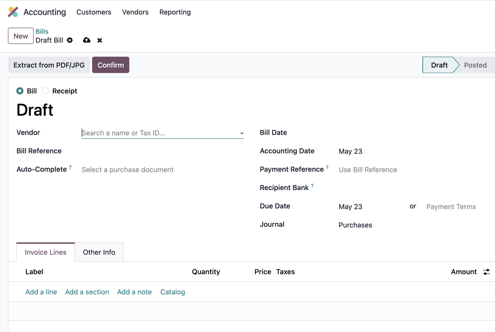 Extract from PDF/JPG button on a draft vendor bill in Odoo
