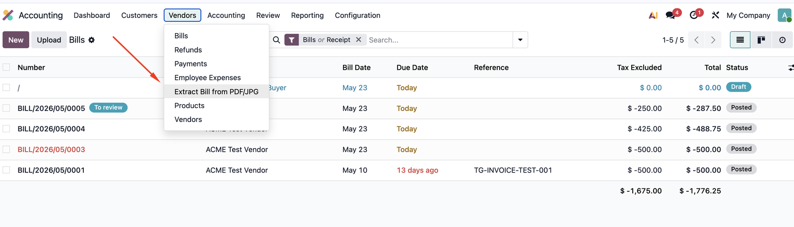 Accounting Vendors menu with Extract Bill from PDF/JPG entry